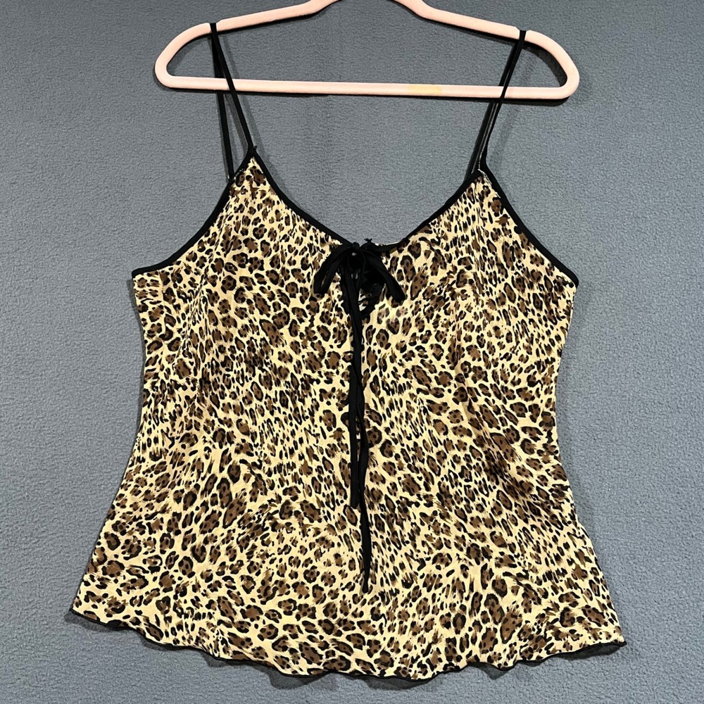 Secret Treasures Leopard Print Cami Top XL Ivory Tan Black Lace Up‎ Indie Sleaze